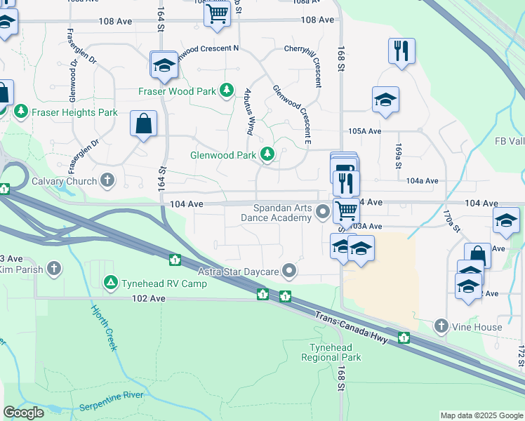 map of restaurants, bars, coffee shops, grocery stores, and more near 16628 104 Avenue in Surrey