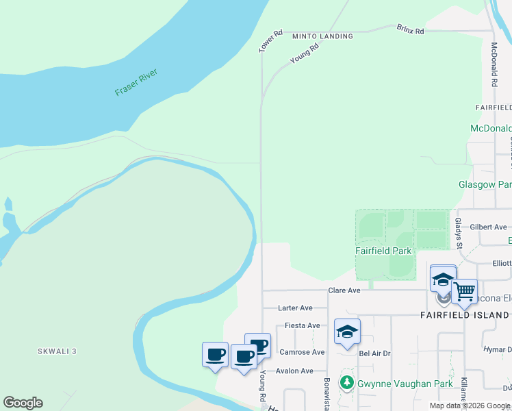 map of restaurants, bars, coffee shops, grocery stores, and more near 10425 Young Road in Chilliwack