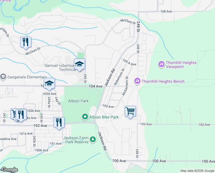 map of restaurants, bars, coffee shops, grocery stores, and more near 24607 104 Avenue in Maple Ridge