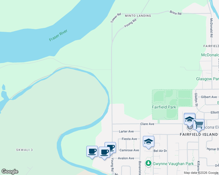 map of restaurants, bars, coffee shops, grocery stores, and more near 10371 Young Road North in Chilliwack