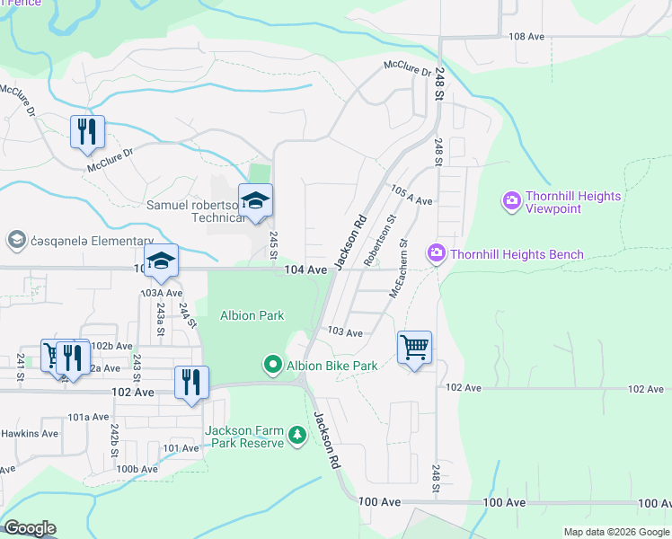 map of restaurants, bars, coffee shops, grocery stores, and more near 24591 104 Avenue in Maple Ridge