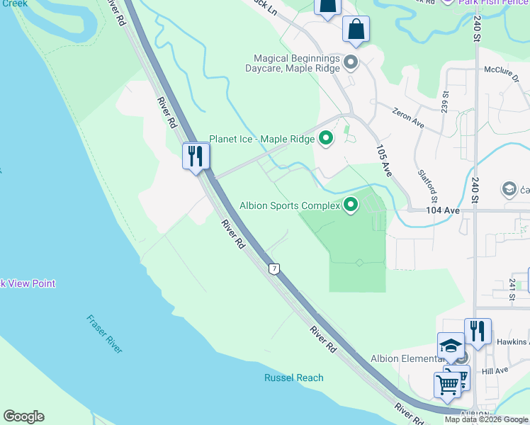 map of restaurants, bars, coffee shops, grocery stores, and more near 23477 Lougheed Highway in Maple Ridge