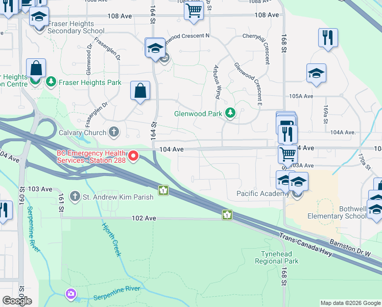 map of restaurants, bars, coffee shops, grocery stores, and more near 16506 104 Avenue in Surrey