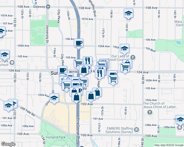 map of restaurants, bars, coffee shops, grocery stores, and more near in Surrey