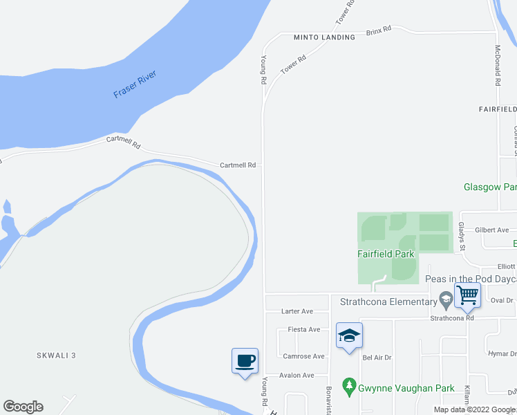map of restaurants, bars, coffee shops, grocery stores, and more near 10425 Young Road in Chilliwack
