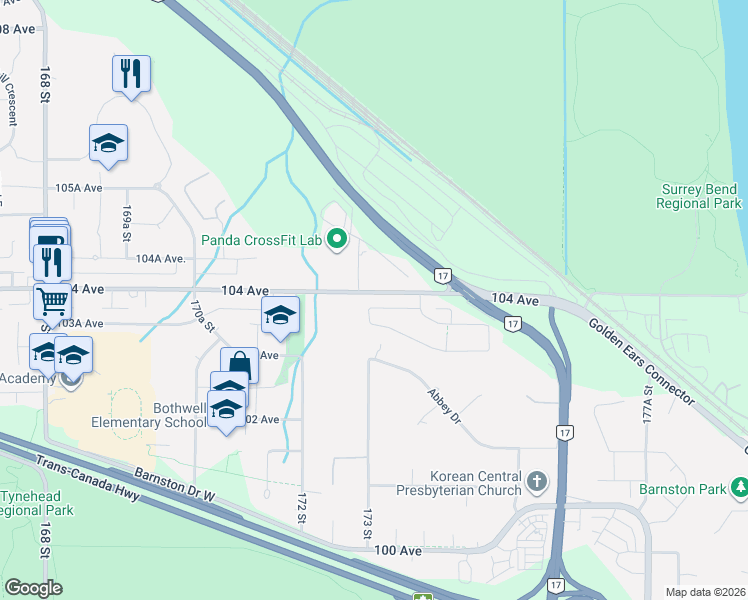 map of restaurants, bars, coffee shops, grocery stores, and more near 17318 104 Avenue in Surrey