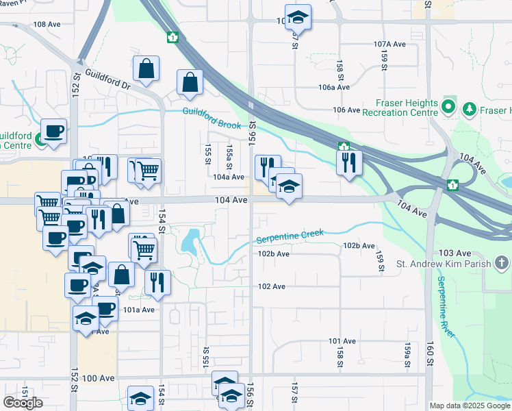 map of restaurants, bars, coffee shops, grocery stores, and more near in Surrey