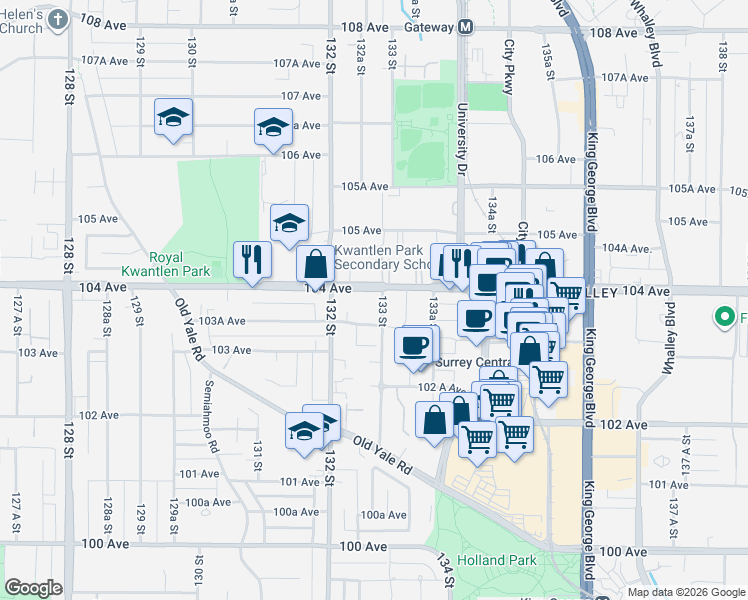 map of restaurants, bars, coffee shops, grocery stores, and more near 10375 133 Street in Surrey