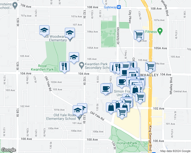 map of restaurants, bars, coffee shops, grocery stores, and more near 10375 133 Street in Surrey
