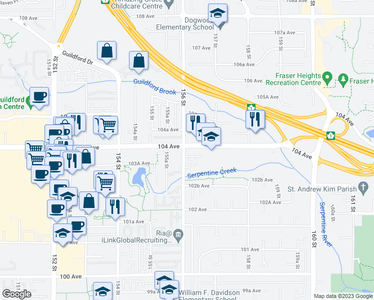 map of restaurants, bars, coffee shops, grocery stores, and more near 15618 104 Avenue in Surrey