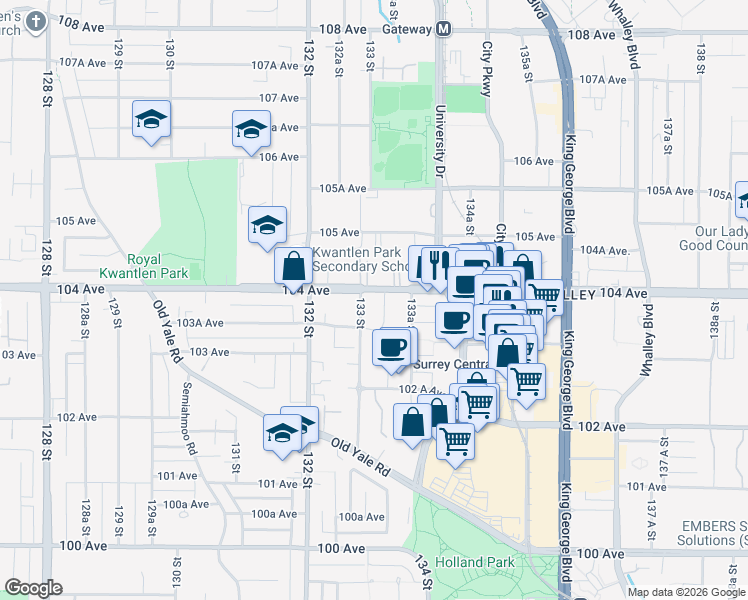 map of restaurants, bars, coffee shops, grocery stores, and more near 13318 104 Avenue in Surrey