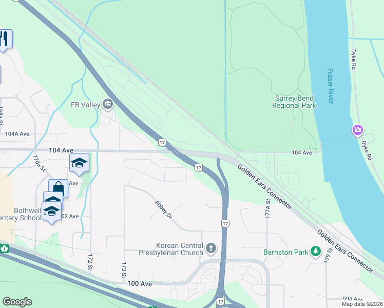 map of restaurants, bars, coffee shops, grocery stores, and more near 17510 104 Avenue in Surrey