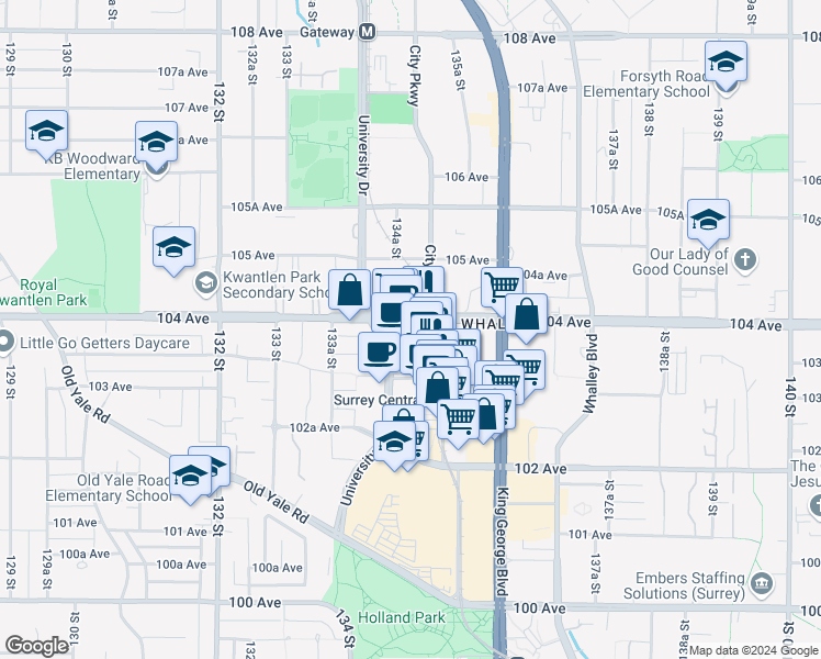 map of restaurants, bars, coffee shops, grocery stores, and more near in Surrey