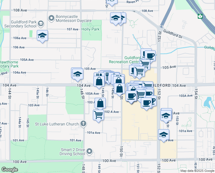 map of restaurants, bars, coffee shops, grocery stores, and more near 14914 104 Avenue in Surrey