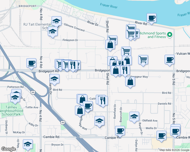 map of restaurants, bars, coffee shops, grocery stores, and more near 3088 Airey Drive in Richmond