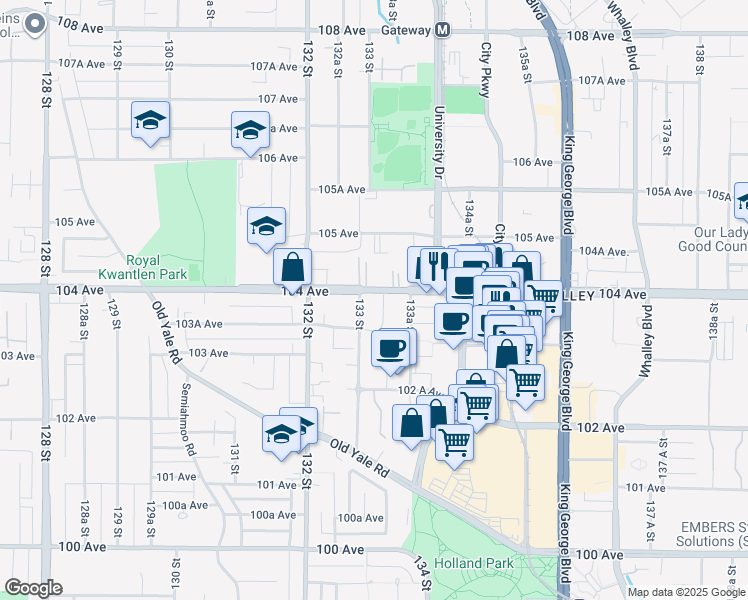 map of restaurants, bars, coffee shops, grocery stores, and more near 13318 104 Avenue in Surrey