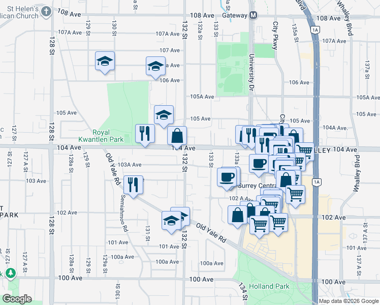 map of restaurants, bars, coffee shops, grocery stores, and more near 10480 104 Avenue in Surrey