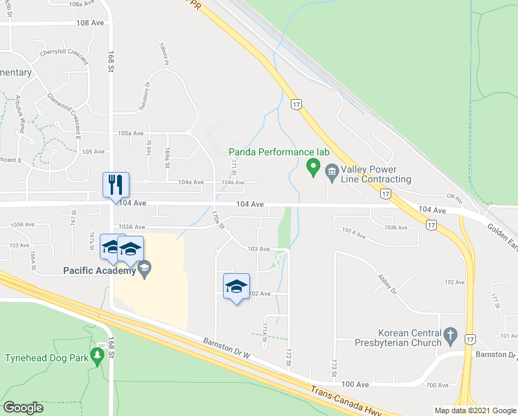 map of restaurants, bars, coffee shops, grocery stores, and more near 17148 104 Avenue in Surrey