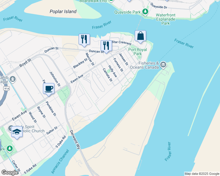map of restaurants, bars, coffee shops, grocery stores, and more near 303 Salter Street in New Westminster
