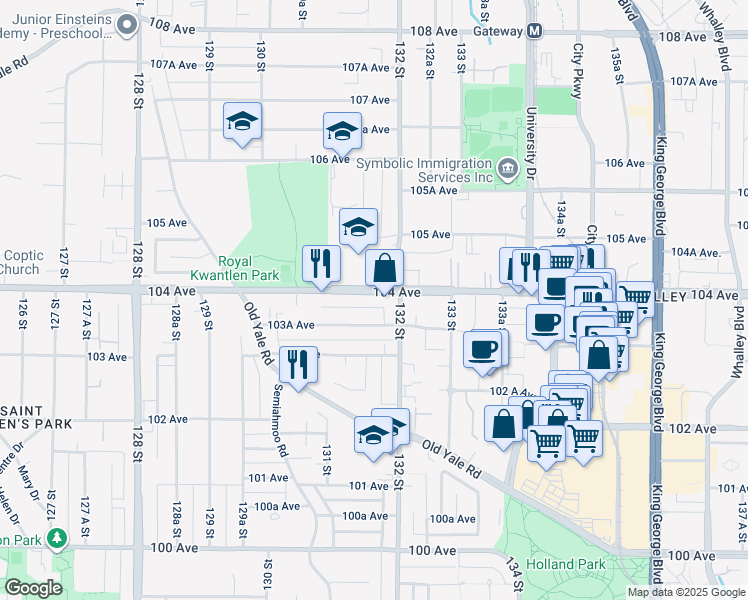 map of restaurants, bars, coffee shops, grocery stores, and more near 13158 104 Avenue in Surrey