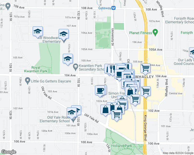 map of restaurants, bars, coffee shops, grocery stores, and more near 13318 104 Avenue in Surrey