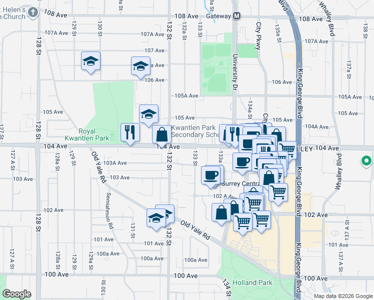 map of restaurants, bars, coffee shops, grocery stores, and more near 13252 104 Avenue in Surrey