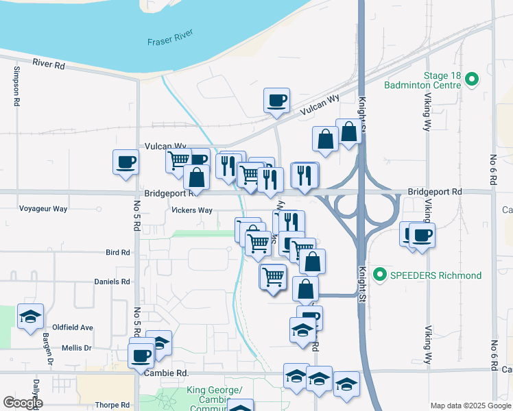 map of restaurants, bars, coffee shops, grocery stores, and more near 12551 Vickers Way in Richmond