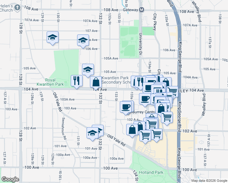 map of restaurants, bars, coffee shops, grocery stores, and more near 13282 104 Avenue in Surrey