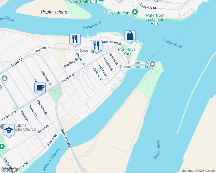 map of restaurants, bars, coffee shops, grocery stores, and more near 260 Salter Street in New Westminster