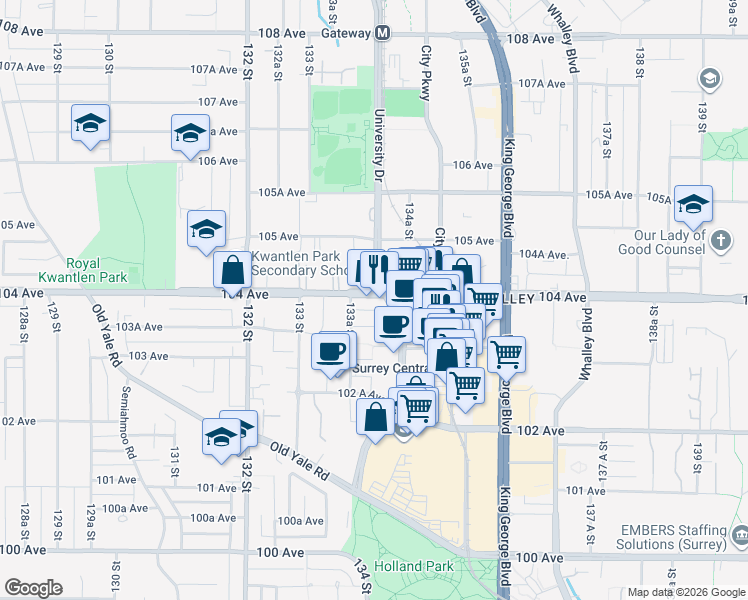 map of restaurants, bars, coffee shops, grocery stores, and more near 13398 104 Avenue in Surrey
