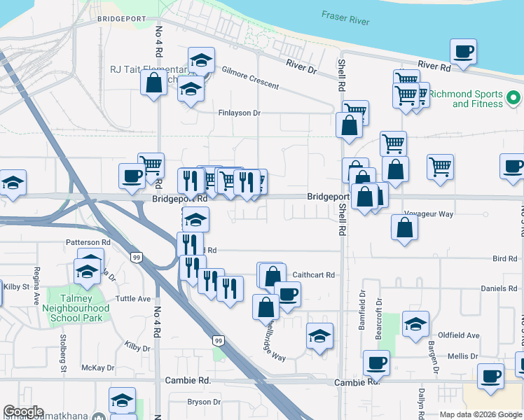 map of restaurants, bars, coffee shops, grocery stores, and more near 3111 Beckman Place in Richmond