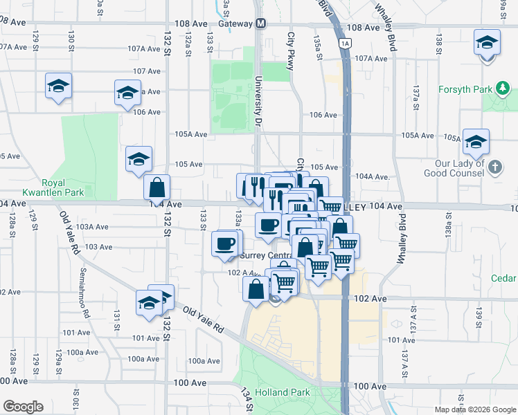 map of restaurants, bars, coffee shops, grocery stores, and more near 13398 104 Avenue in Surrey