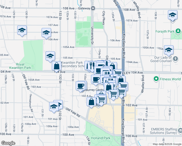 map of restaurants, bars, coffee shops, grocery stores, and more near 13398 104 Avenue in Surrey