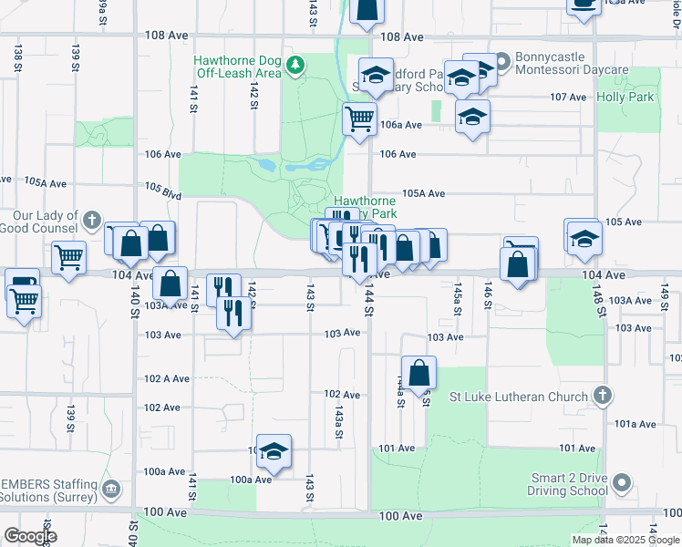 map of restaurants, bars, coffee shops, grocery stores, and more near 143A Street in Surrey