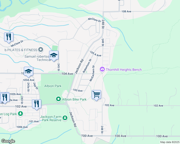 map of restaurants, bars, coffee shops, grocery stores, and more near 24725 104 Avenue in Maple Ridge