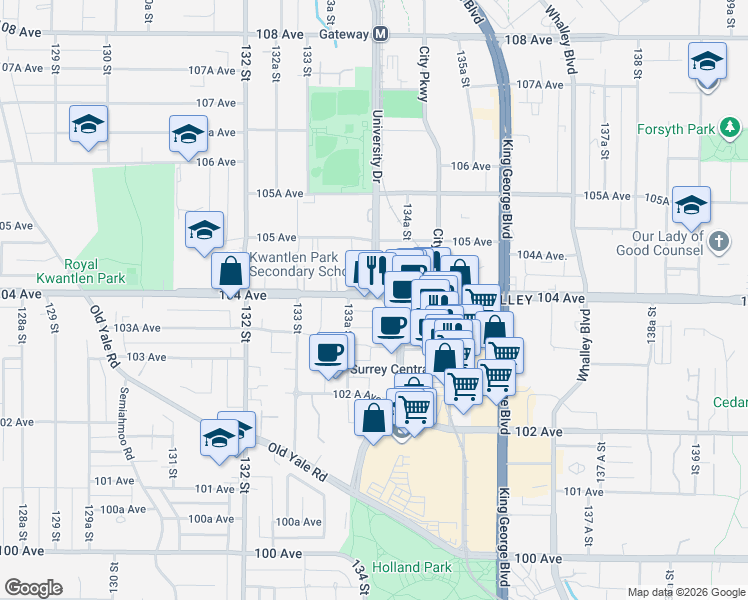 map of restaurants, bars, coffee shops, grocery stores, and more near in Surrey
