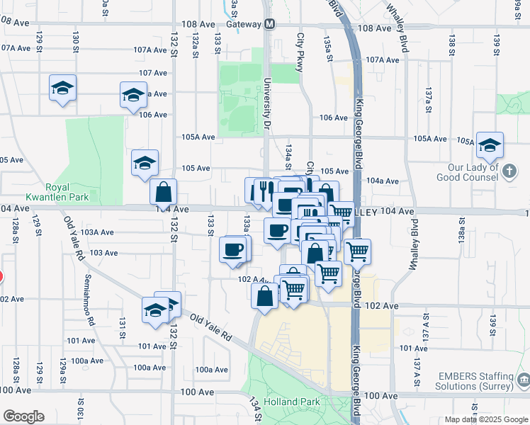 map of restaurants, bars, coffee shops, grocery stores, and more near 13398 104 Avenue in Surrey