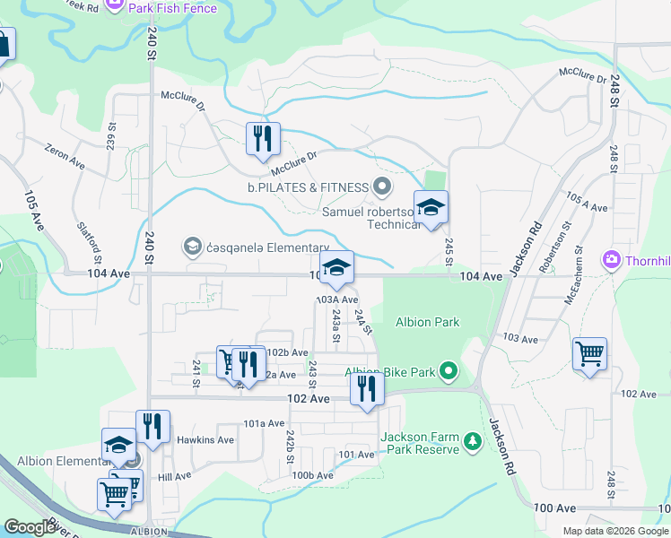 map of restaurants, bars, coffee shops, grocery stores, and more near 24345 104 Avenue in Maple Ridge