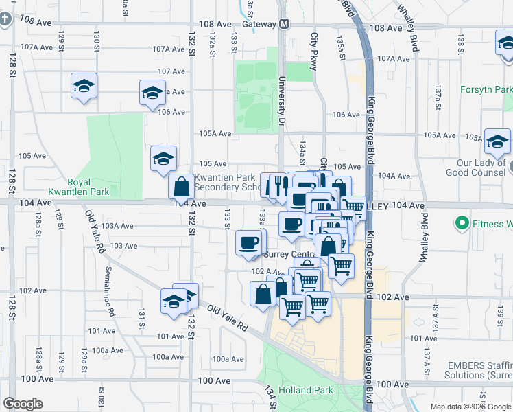 map of restaurants, bars, coffee shops, grocery stores, and more near 104 Avenue in Surrey