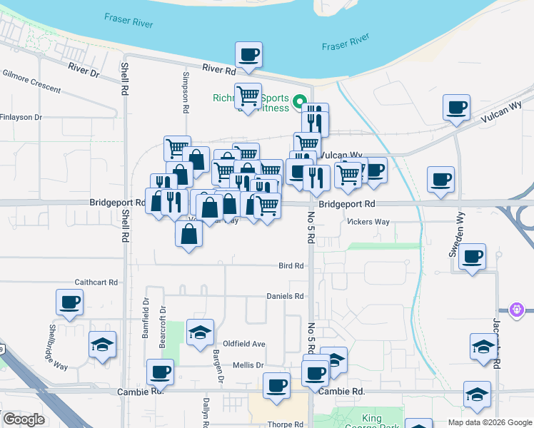 map of restaurants, bars, coffee shops, grocery stores, and more near 11751 Voyageur Way in Richmond