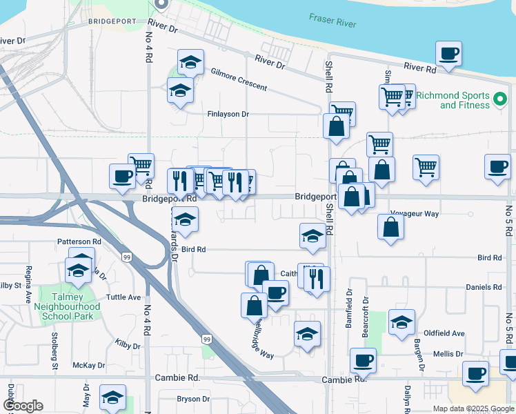 map of restaurants, bars, coffee shops, grocery stores, and more near 3111 Beckman Place in Richmond