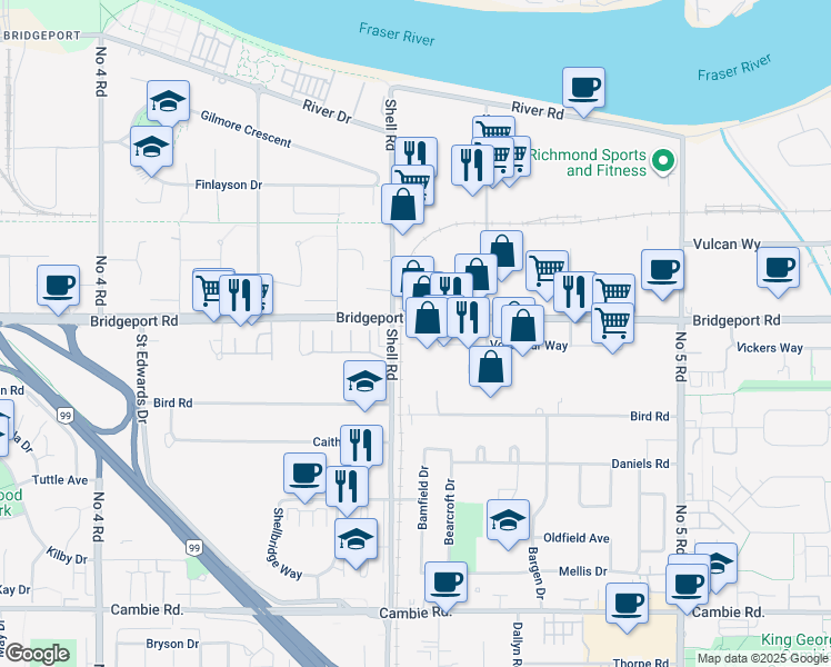 map of restaurants, bars, coffee shops, grocery stores, and more near 11120 Bridgeport Road in Richmond