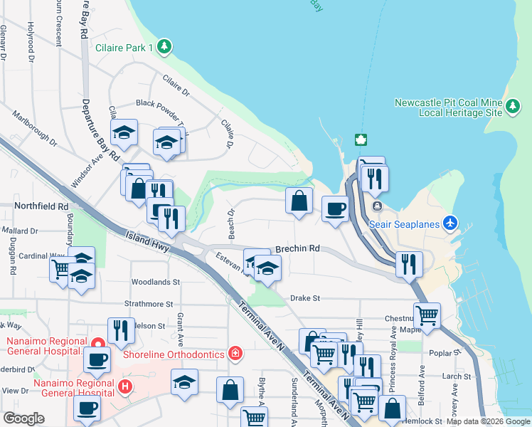 map of restaurants, bars, coffee shops, grocery stores, and more near 902 Malaspina Crescent in Nanaimo