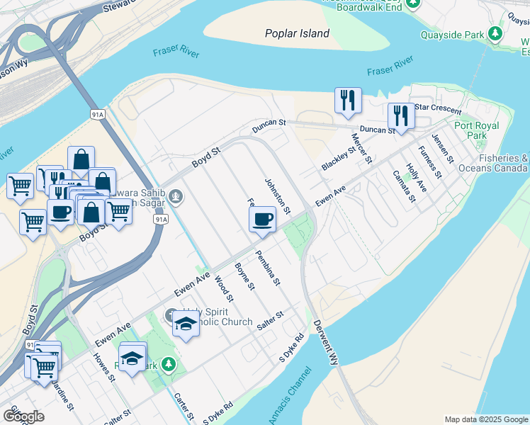 map of restaurants, bars, coffee shops, grocery stores, and more near 315 Fenton Street in New Westminster