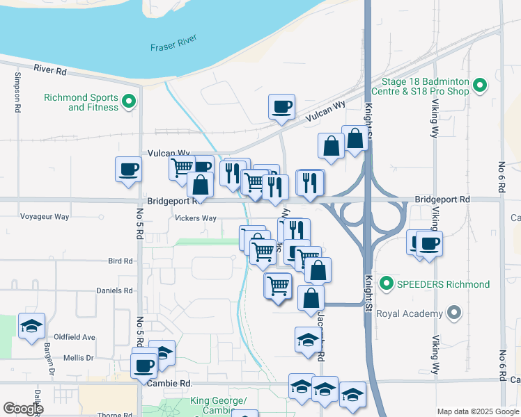 map of restaurants, bars, coffee shops, grocery stores, and more near in Richmond
