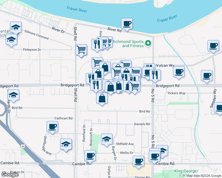 map of restaurants, bars, coffee shops, grocery stores, and more near in Richmond