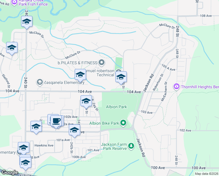 map of restaurants, bars, coffee shops, grocery stores, and more near 24269-24393 104 Avenue in Maple Ridge