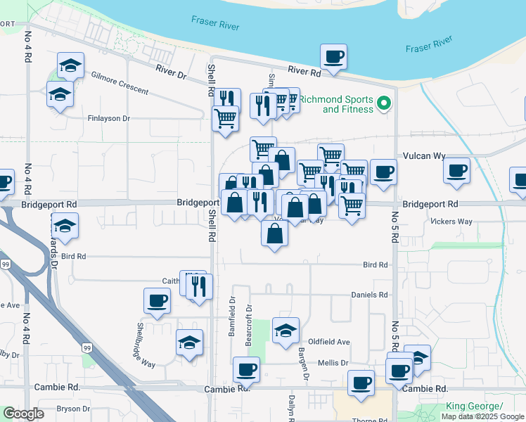 map of restaurants, bars, coffee shops, grocery stores, and more near 10-11220 Voyageur Way in Richmond
