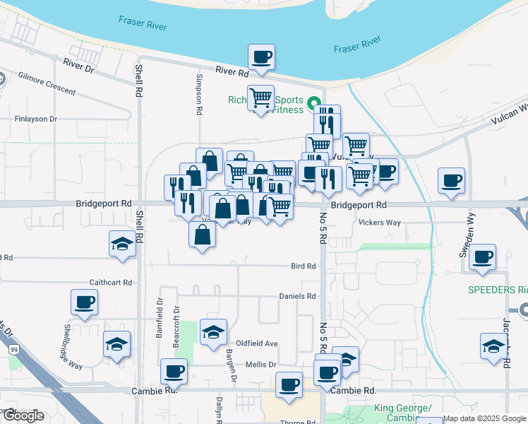 map of restaurants, bars, coffee shops, grocery stores, and more near 11760 Voyageur Way in Richmond