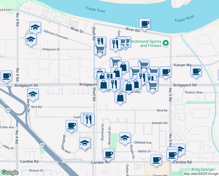 map of restaurants, bars, coffee shops, grocery stores, and more near 11181 Voyageur Way in Richmond